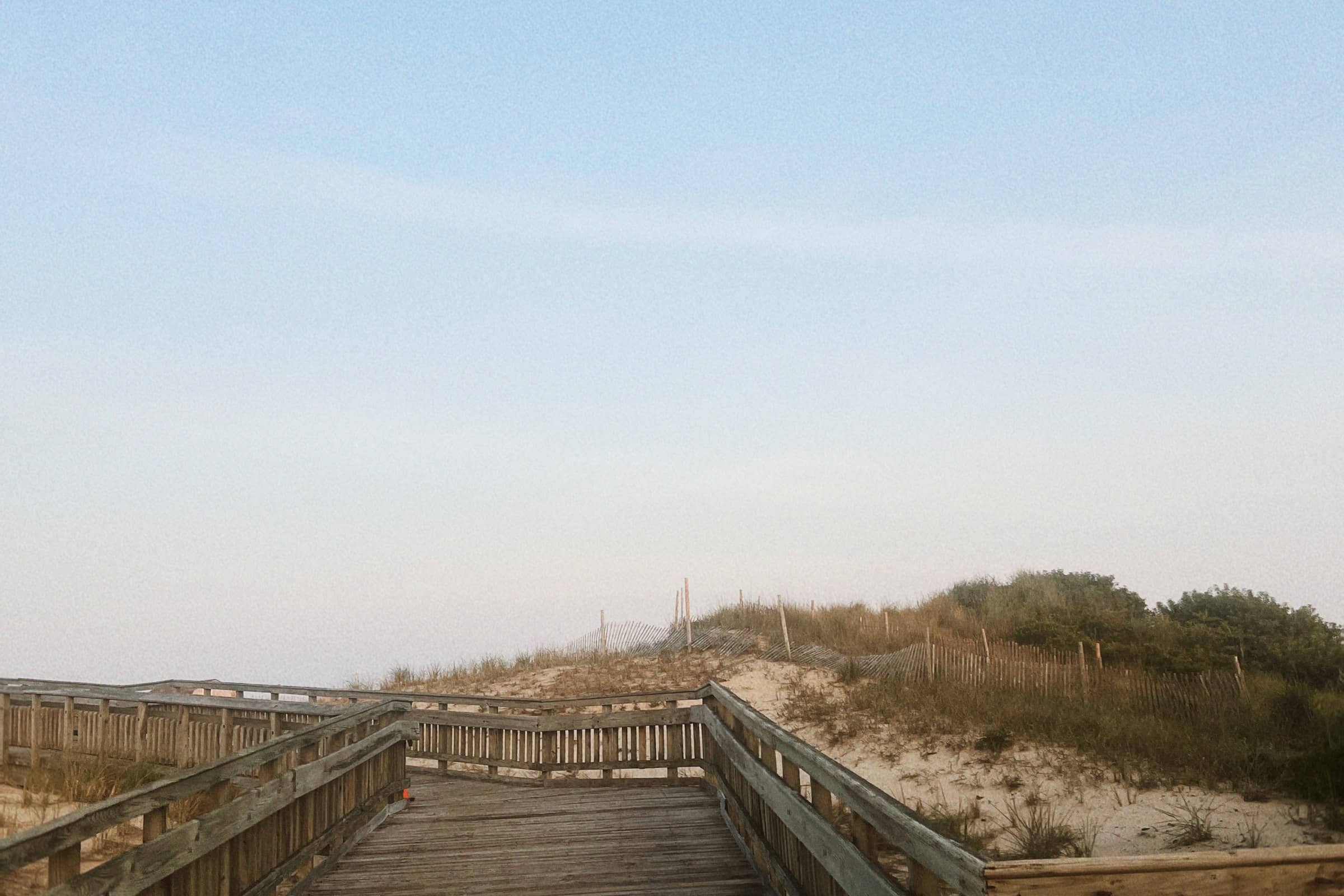 Weathered boardwalk winding through grassy dunes behind sand fencing