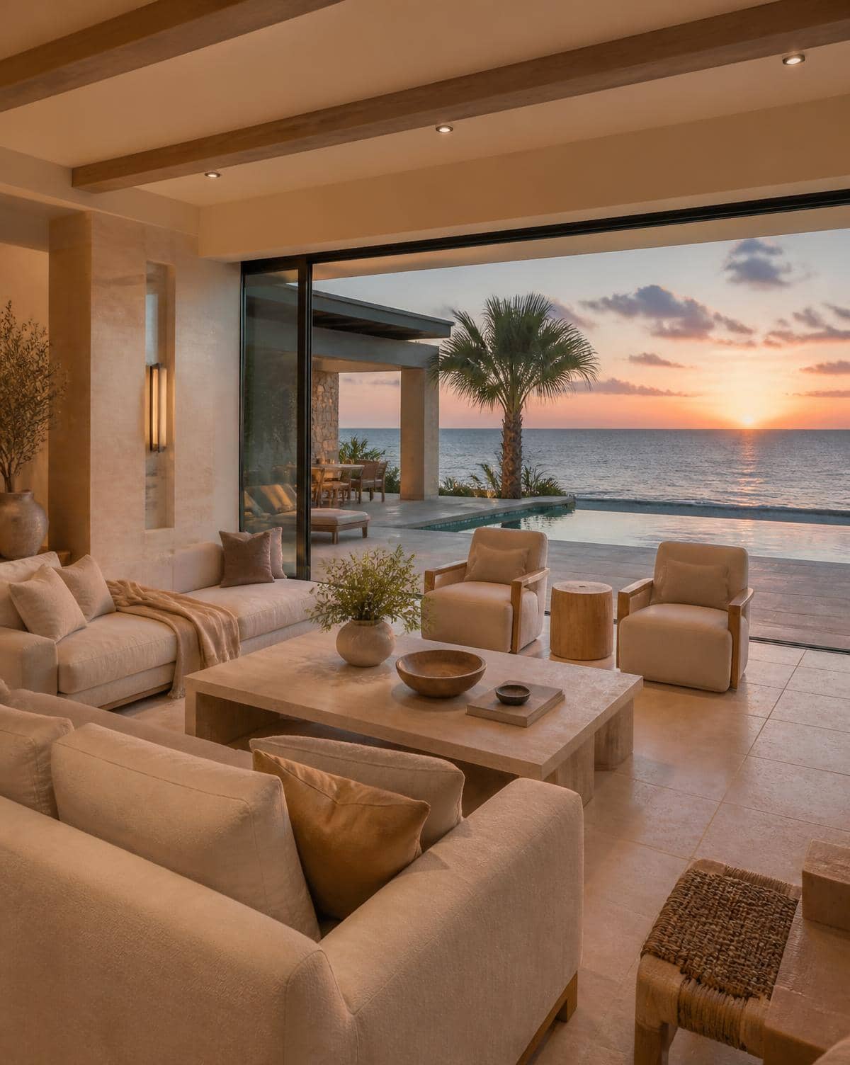 A living room opened to a terrace by a full wall of sliding glass, low linen seating turned toward a pool and the ocean at sunset