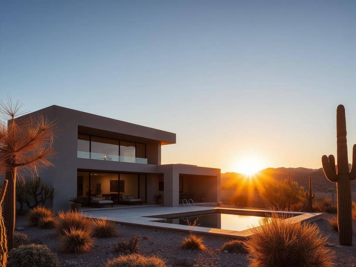 A flat-roofed desert residence beside a still pool, saguaro and dry grasses around it and the sun setting behind low hills