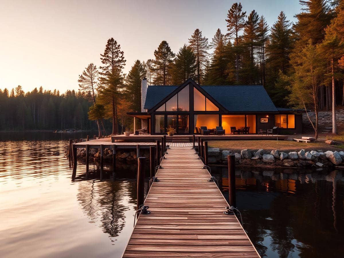 A gabled timber and glass lake house lit from within at dusk, a long wooden dock reaching across still water toward it