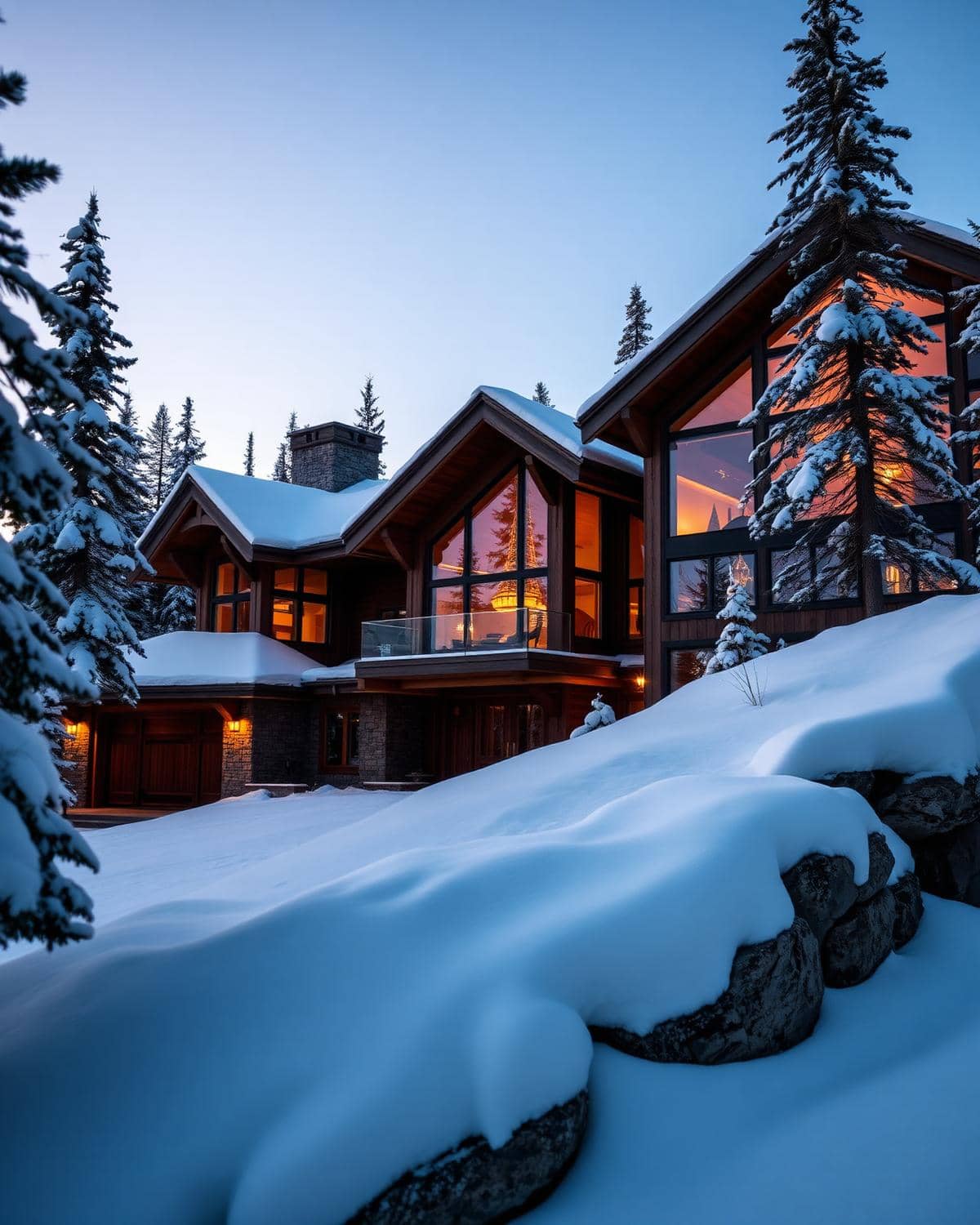 A timber and stone mountain house lit from within at blue hour, deep snow banked against its walls and snow-laden firs on either side