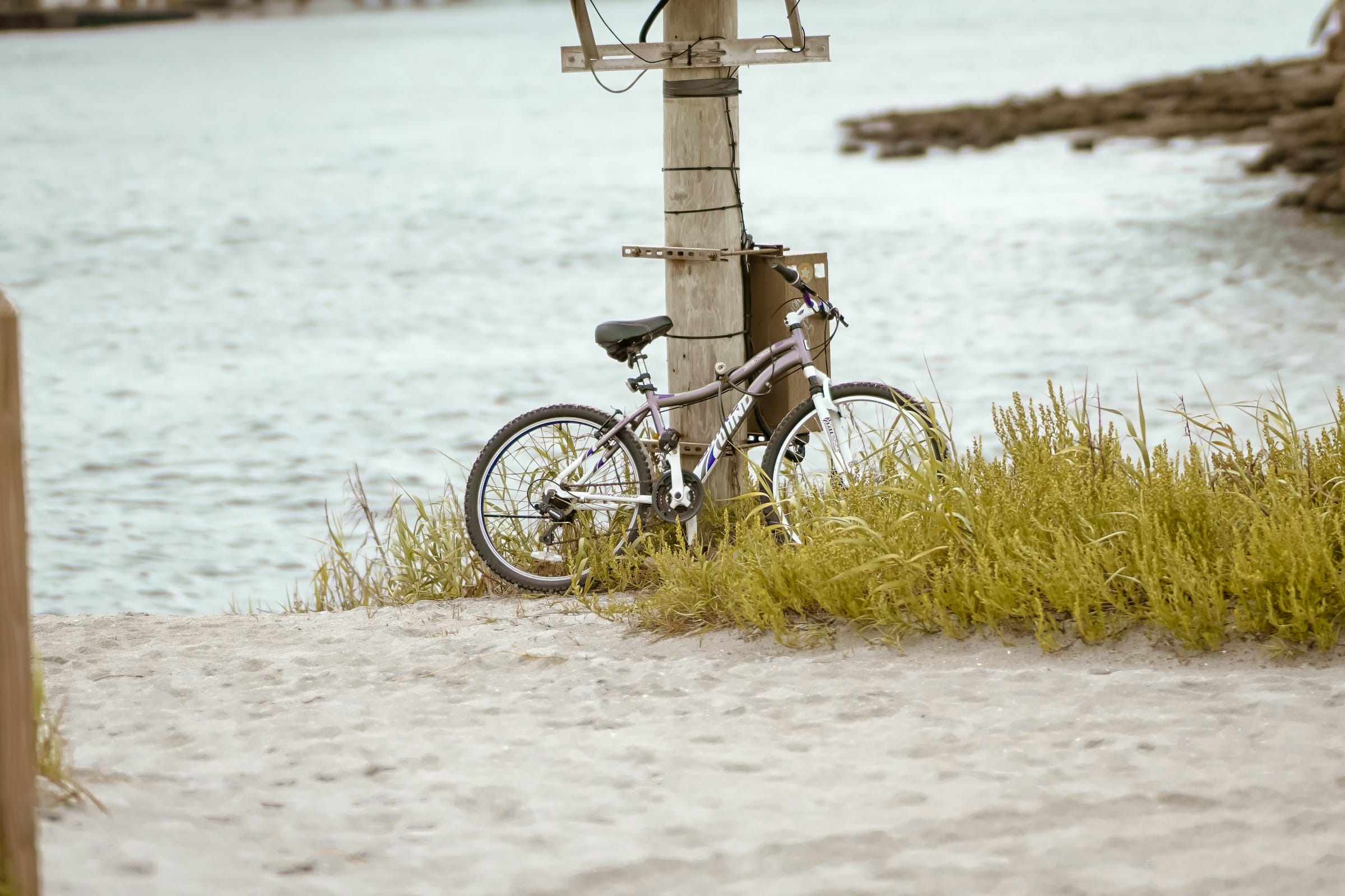 A bicycle leaning on a weathered post where the sand meets the water