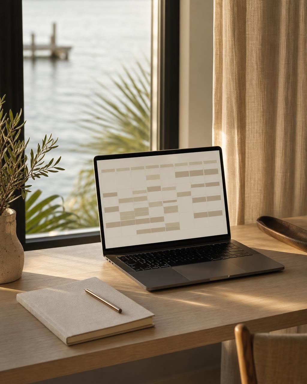 A laptop on a pale oak desk showing a booking calendar, a linen notebook and pen beside it, water and a dock visible through the window