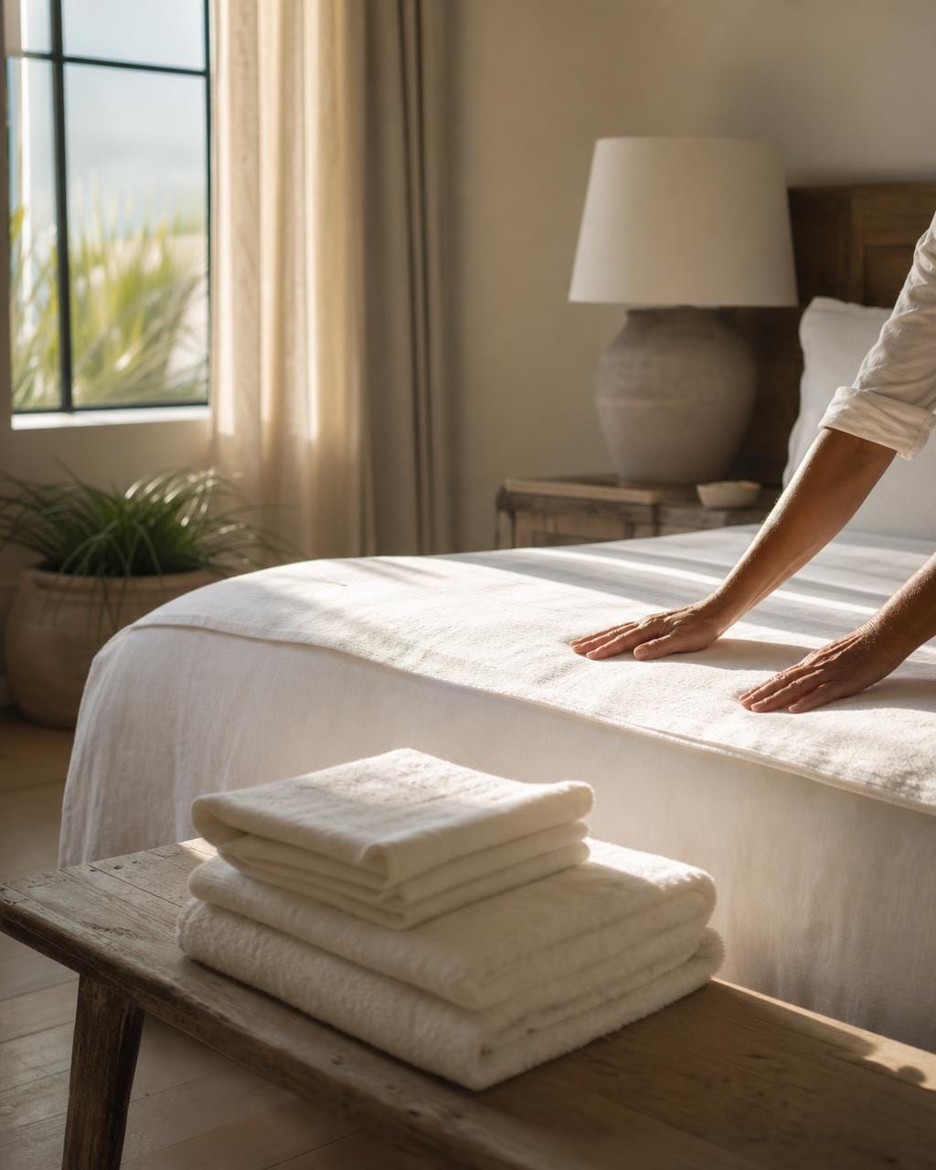 A pair of hands smoothing a white linen bedspread in a sunlit coastal bedroom, folded towels stacked on a bench at the foot of the bed