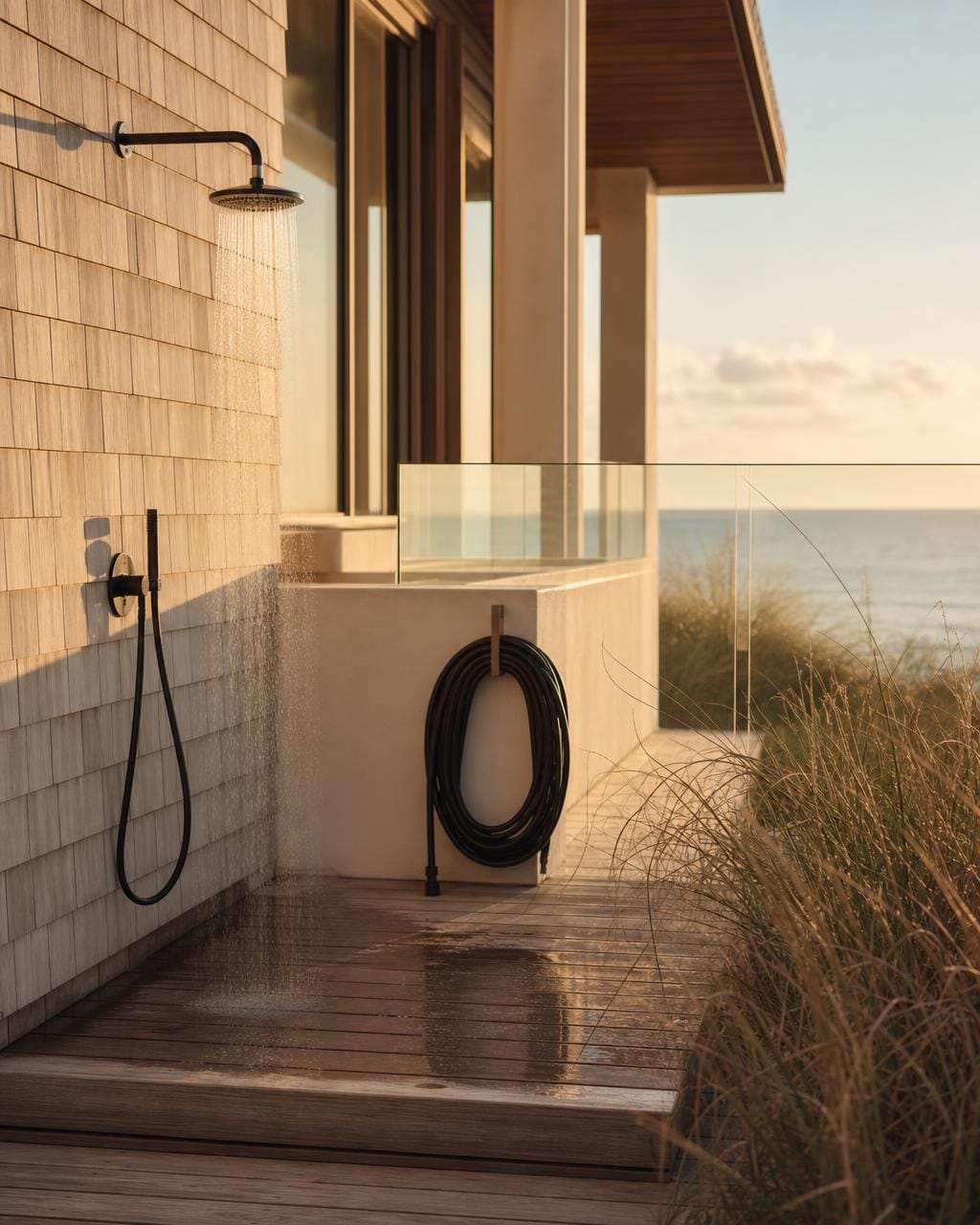 An outdoor shower running on a teak deck beside cedar shingles, a coiled hose on the wall and dune grass against the ocean beyond