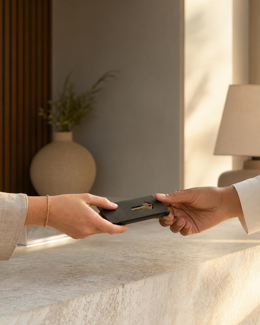 Two pairs of hands passing a black key folder with a brass key across a travertine counter