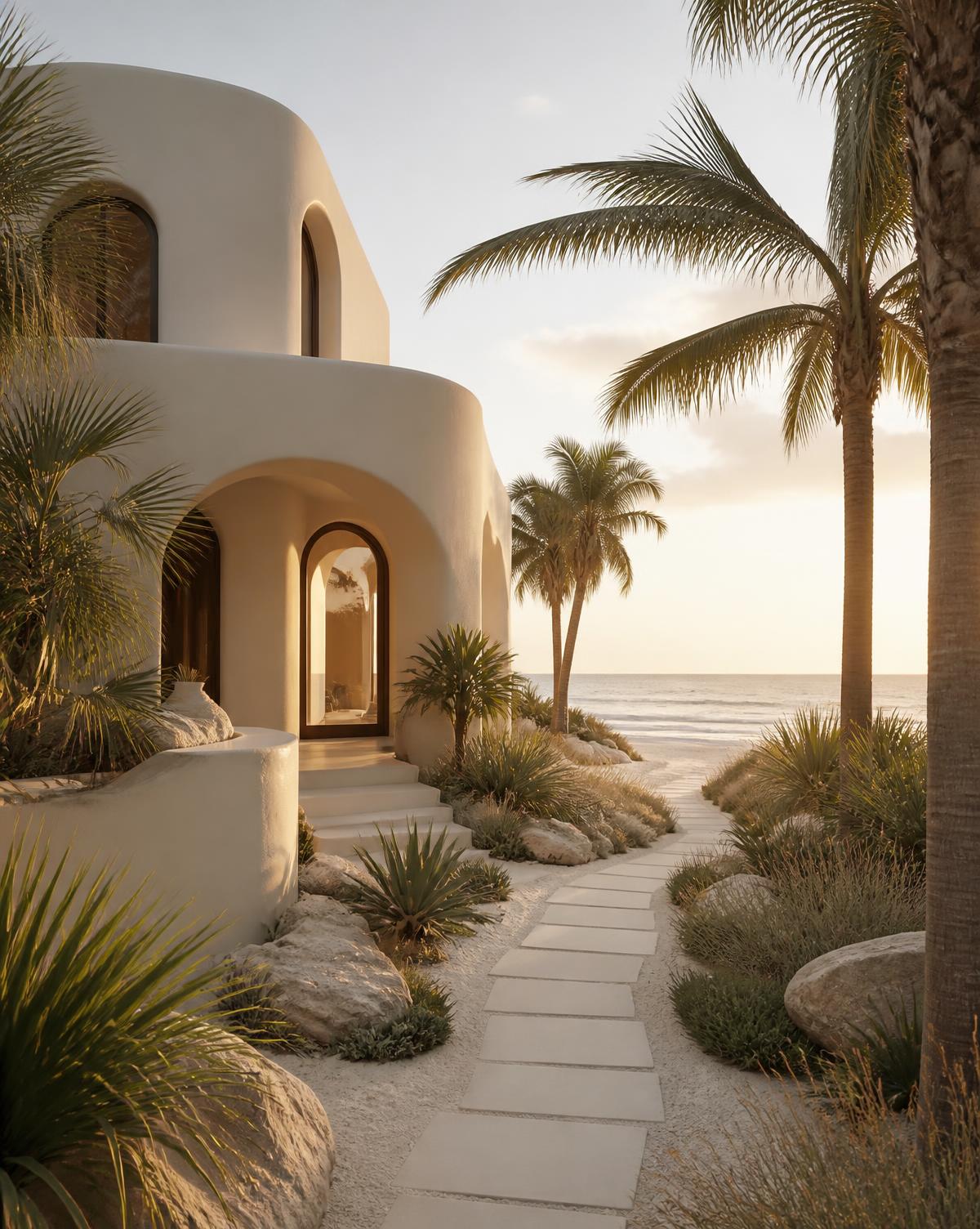 A curved cream stucco residence with tall arched openings, a paved path running down between palms and sea grass to the shore at low sun