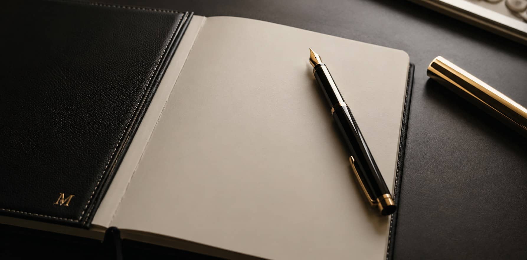 An open black leather journal on a dark desk, a fountain pen resting on its blank page.